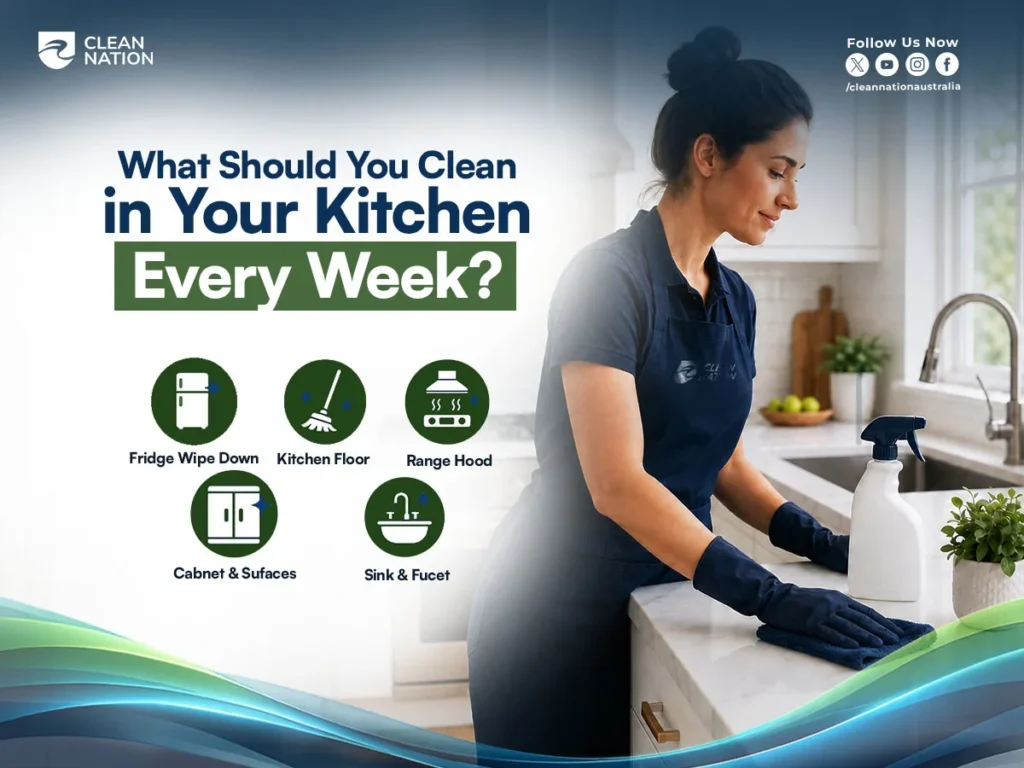 How Often Do You Clean Your Kitchen? A cleaner wiping a kitchen countertop with a spray bottle, highlighting weekly cleaning tasks such as wiping the fridge, sweeping the floor, cleaning the range hood, cabinets and surfaces, and washing the sink and faucet.