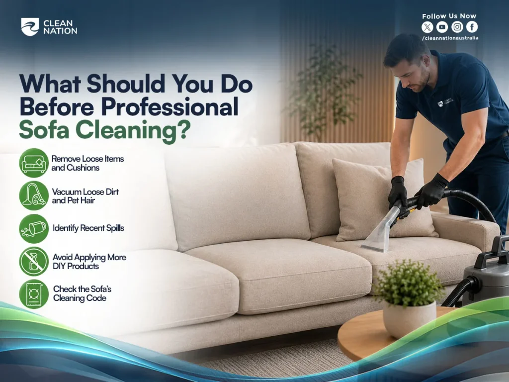 Professional sofa cleaning preparation guide showing a cleaner vacuuming a sofa, with steps to remove cushions, vacuum dirt and pet hair, identify spills, avoid DIY products, and check the sofa cleaning code.