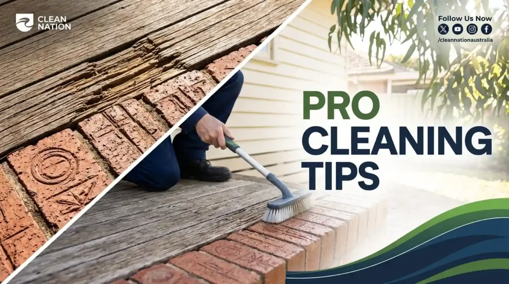 Professional cleaning tips for wooden decks and brick surfaces, showing a cleaner brushing a weathered outdoor deck.