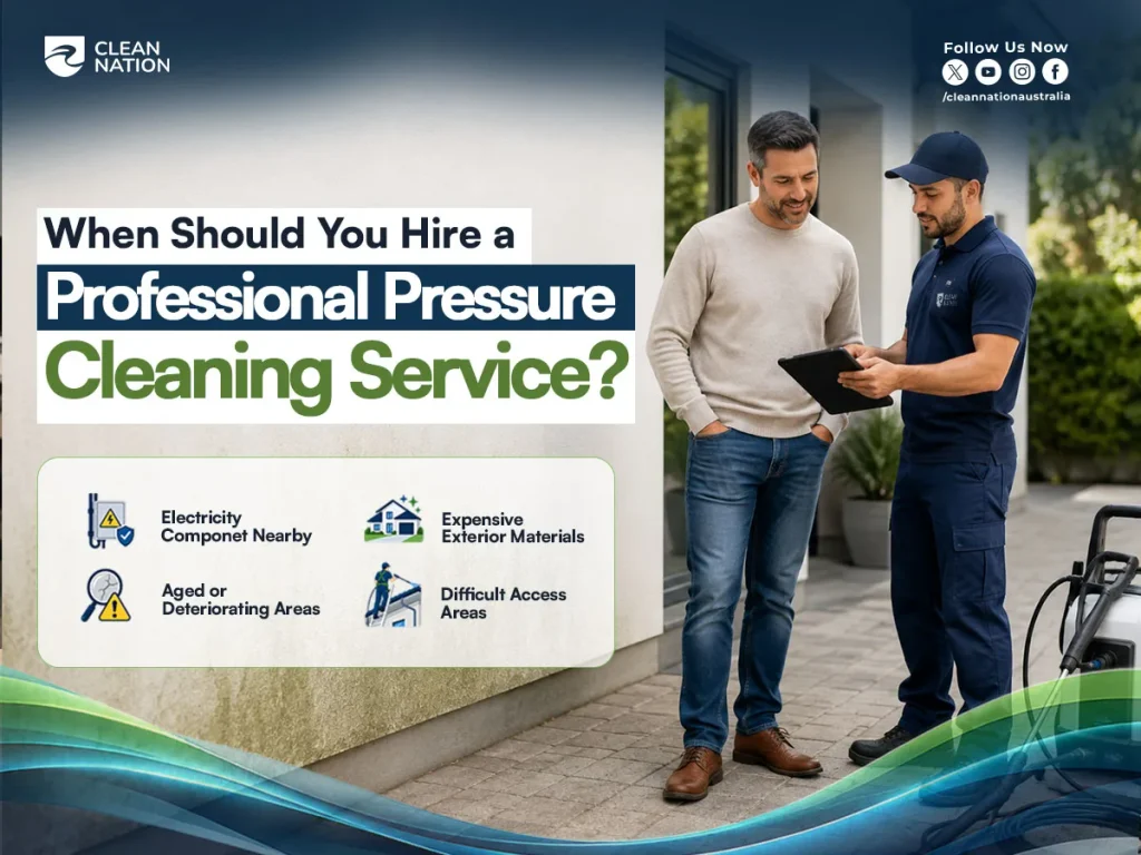 Clean Nation pressure cleaning professional discussing exterior surfaces with a homeowner before pressure washing a property.