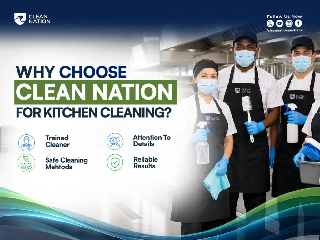 Clean Nation’s trained kitchen cleaning team in protective gear demonstrates safe cleaning methods, attention to detail, and reliable results, supporting What Are the 3 Types of Hazards in Kitchen Cleaning?