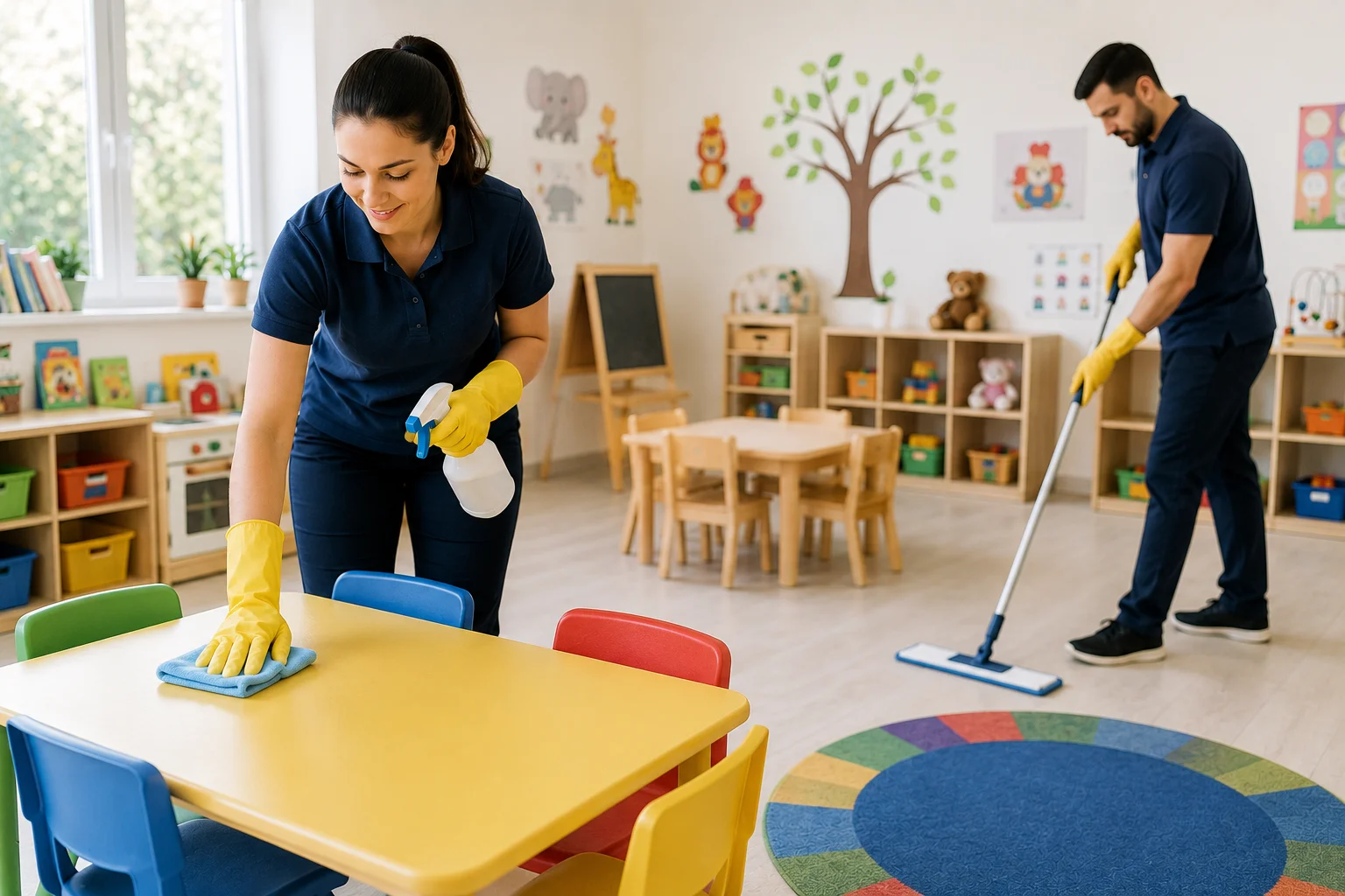 Clean Nation cleaners wiping tables and mopping the floor of a Perth childcare centre play room