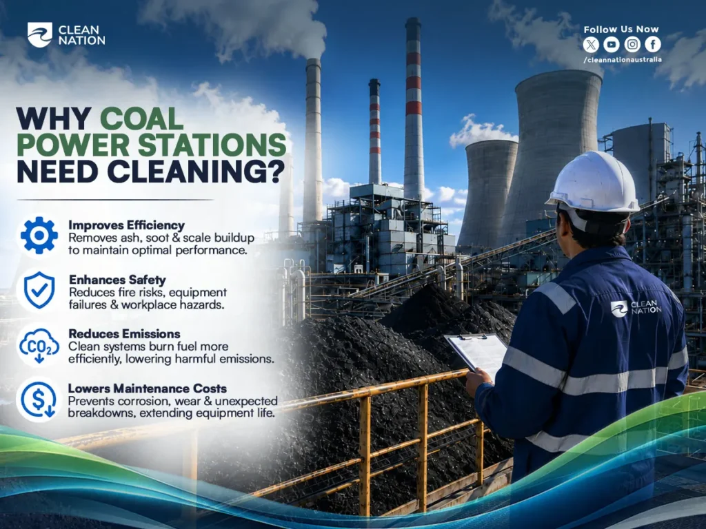An industrial coal power station with large cooling towers, smokestacks, and coal storage is inspected by a worker wearing a hard hat and holding a clipboard. The infographic highlights the benefits of regular cleaning, including improved efficiency, enhanced safety, reduced emissions, and lower maintenance costs. This image supports the topic "How to Clean Coal Power Stations" by illustrating why professional cleaning is essential for maintaining safe, efficient, and reliable power plant operations.