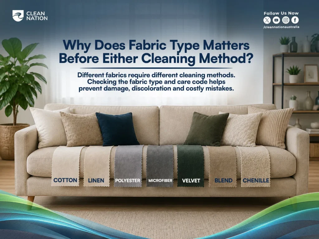Fabric type matters when choosing a sofa cleaning method, featuring cotton, linen, polyester, microfiber, velvet, blend, and chenille upholstery.