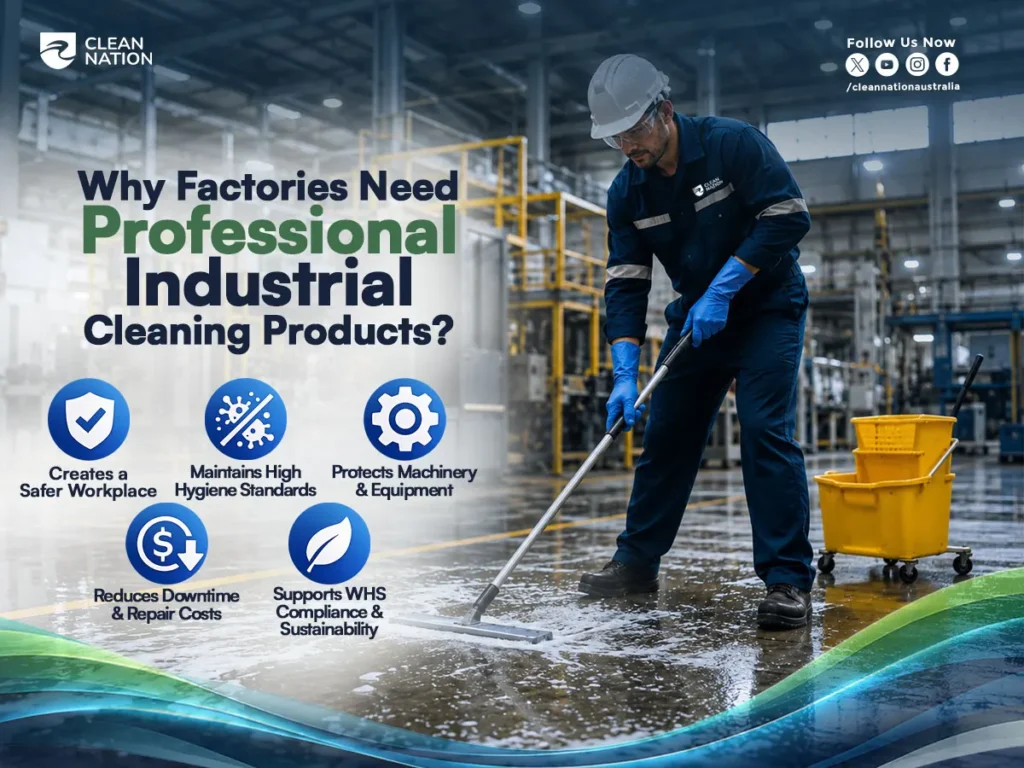 A factory worker wearing protective gear scrubs an industrial floor with a floor squeegee beside a cleaning bucket in a manufacturing facility, highlighting the benefits of Top-Rated Industrial Cleaning Products for Factories for maintaining hygiene, workplace safety, equipment protection, and WHS compliance.
