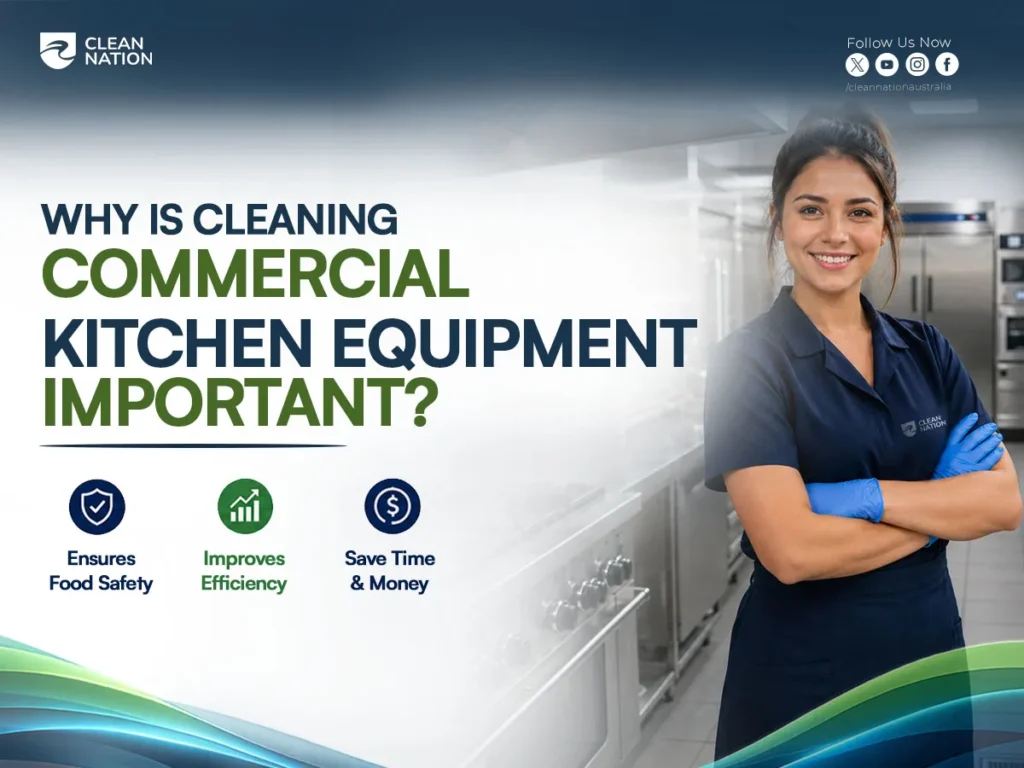 A professional cleaner wearing gloves wipes down commercial kitchen equipment, with icons showing daily, weekly, monthly deep cleaning, and professional deep cleaning, illustrating How to Clean Commercial Kitchen Equipment?