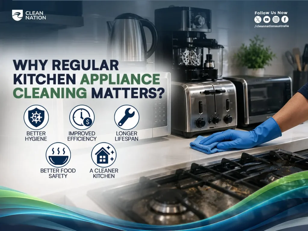 How To Clean Your Kitchen Appliances with regular maintenance, showing a professional cleaner wiping a kitchen countertop beside a gas cooktop, microwave, toaster, coffee machine, and kettle to improve hygiene, efficiency, food safety, and appliance lifespan.