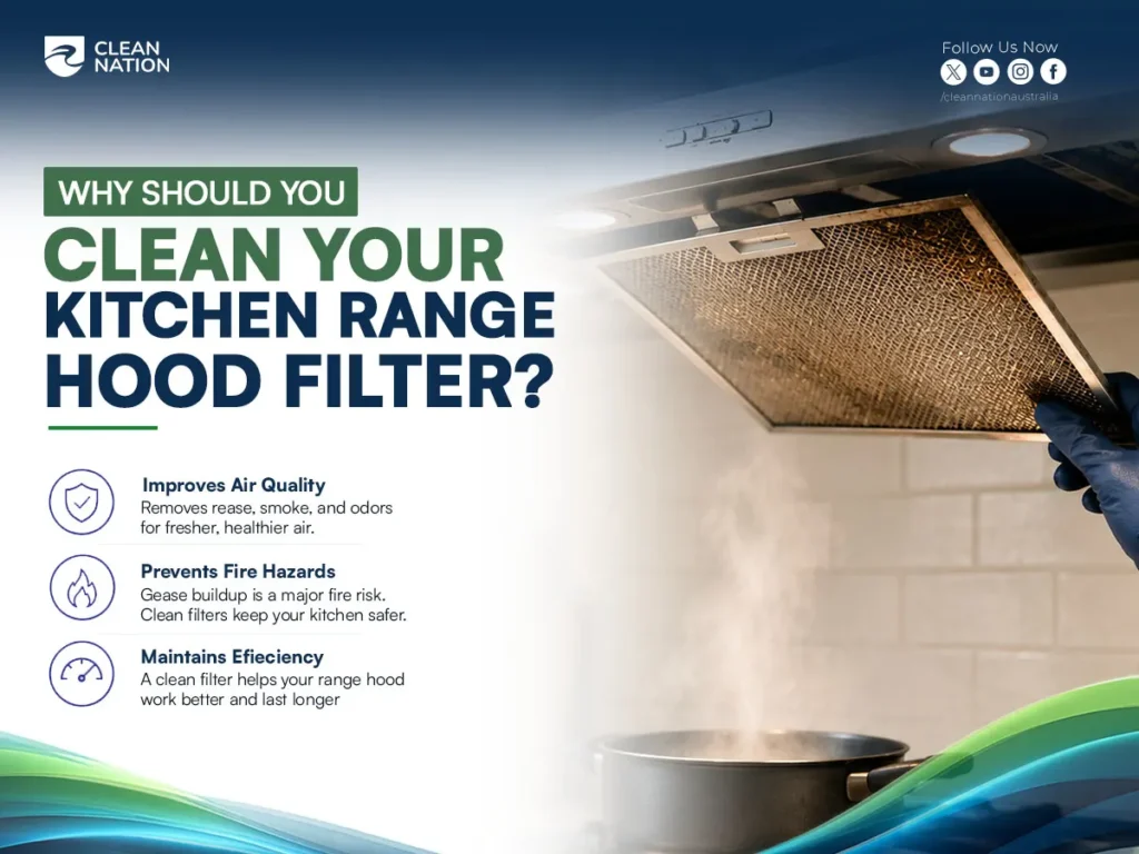 Person removing a grease-covered kitchen range hood filter above a steaming stovetop, illustrating How to Clean a Kitchen Range Hood Filter? to improve air quality, reduce fire risks, and maintain efficient ventilation.