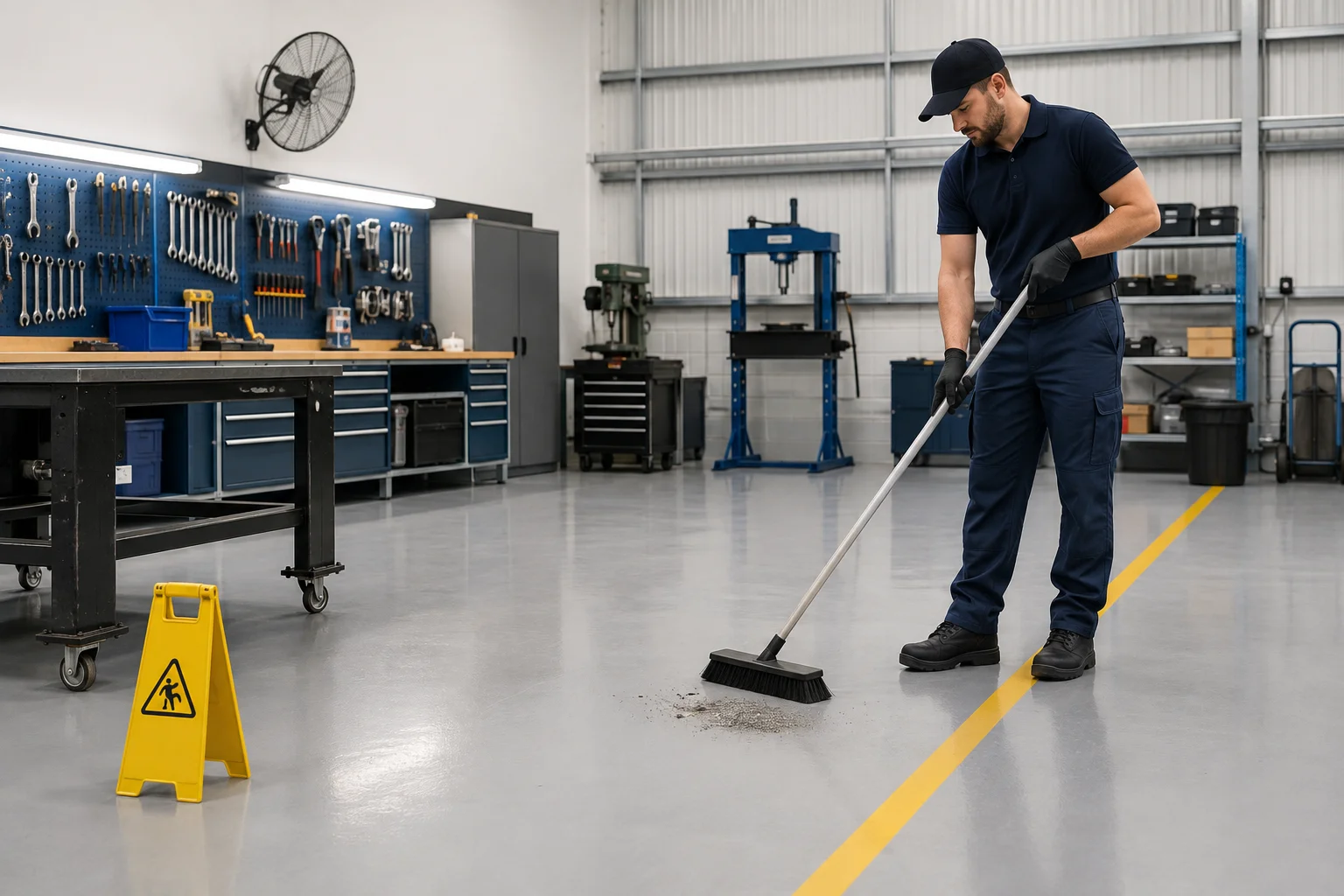 Cleaner sweeping a workshop floor beside a workbench and press