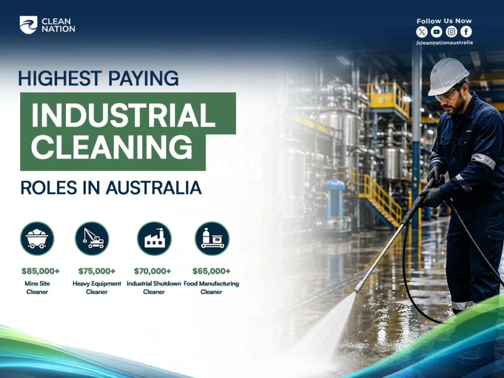 Industrial cleaner pressure washing a factory floor beside an infographic of the highest-paying industrial cleaning roles, supporting information about the average salary for Industrial Cleaners in Australia across specialised cleaning positions.