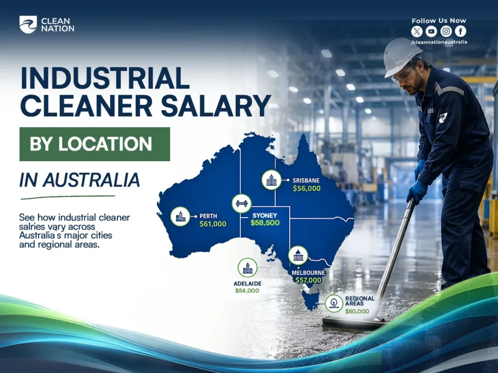 Map of Australia showing industrial cleaner salaries by location alongside a worker cleaning a warehouse floor, highlighting the average salary for Industrial Cleaners in Australia across major cities and regional areas.