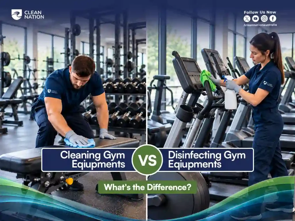 Cleaning versus disinfecting gym equipment: a trainer wiping a bench and a cleaner disinfecting a cross-trainer console