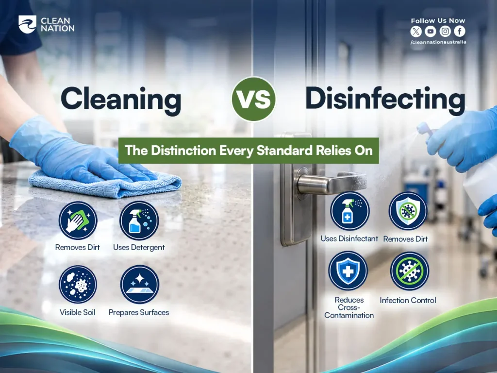Comparison of cleaning and disinfecting in a medical facility, showing surface wiping with detergent and disinfectant spray for infection control.