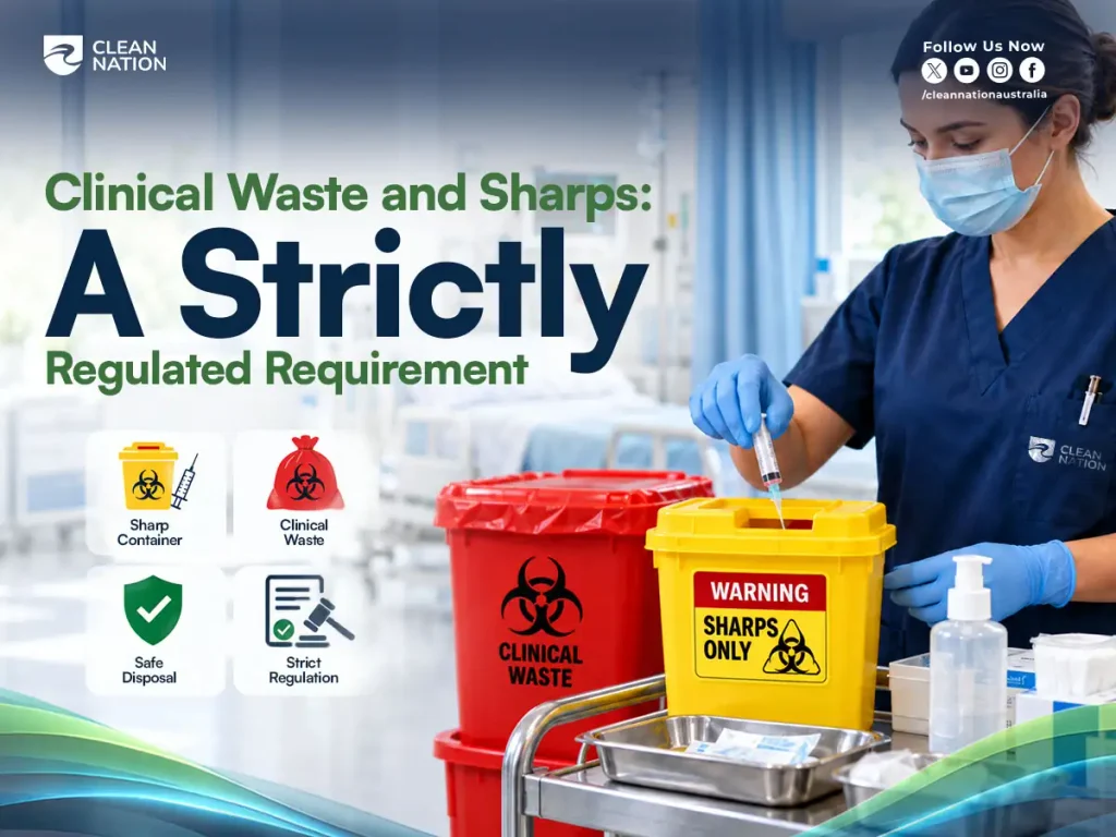 Cleaner using colour-coded cleaning equipment and labelled bins to help prevent cross-contamination in a medical facility.