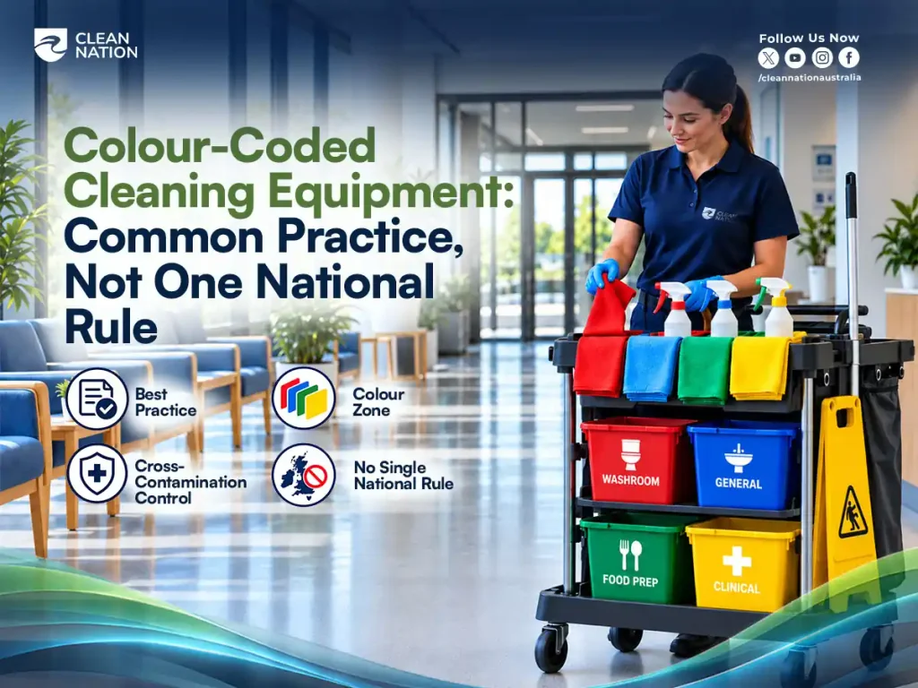 Cleaner using colour-coded cleaning equipment and labelled bins to help prevent cross-contamination in a medical facility.