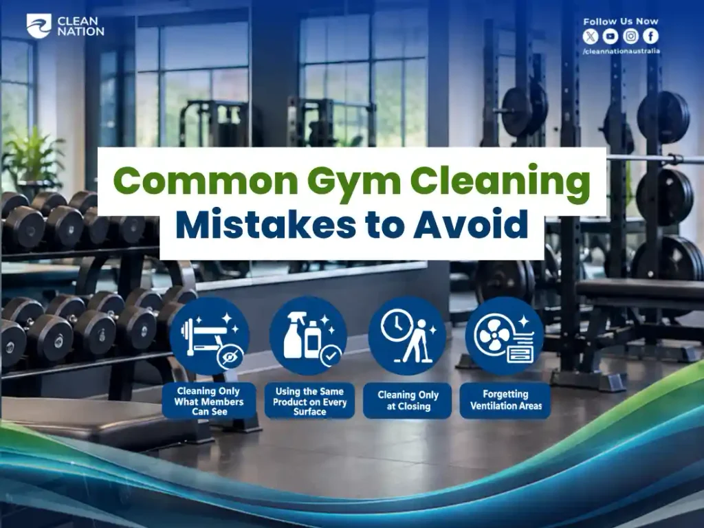 Free weights and benches in a gym showing common cleaning mistakes such as missed surfaces, wrong products and ignored ventilation