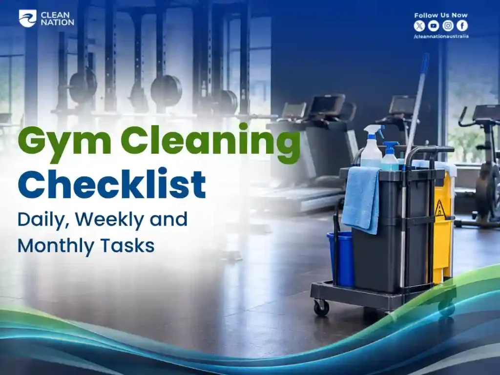 Cleaning trolley with spray bottles, cloth and mop beside treadmills for daily, weekly and monthly gym cleaning tasks