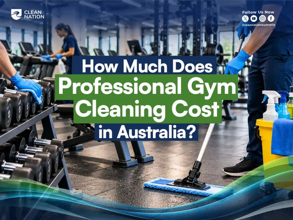 Clean Nation cleaners wiping down a treadmill and mopping a gym floor, covering professional gym cleaning cost in Australia