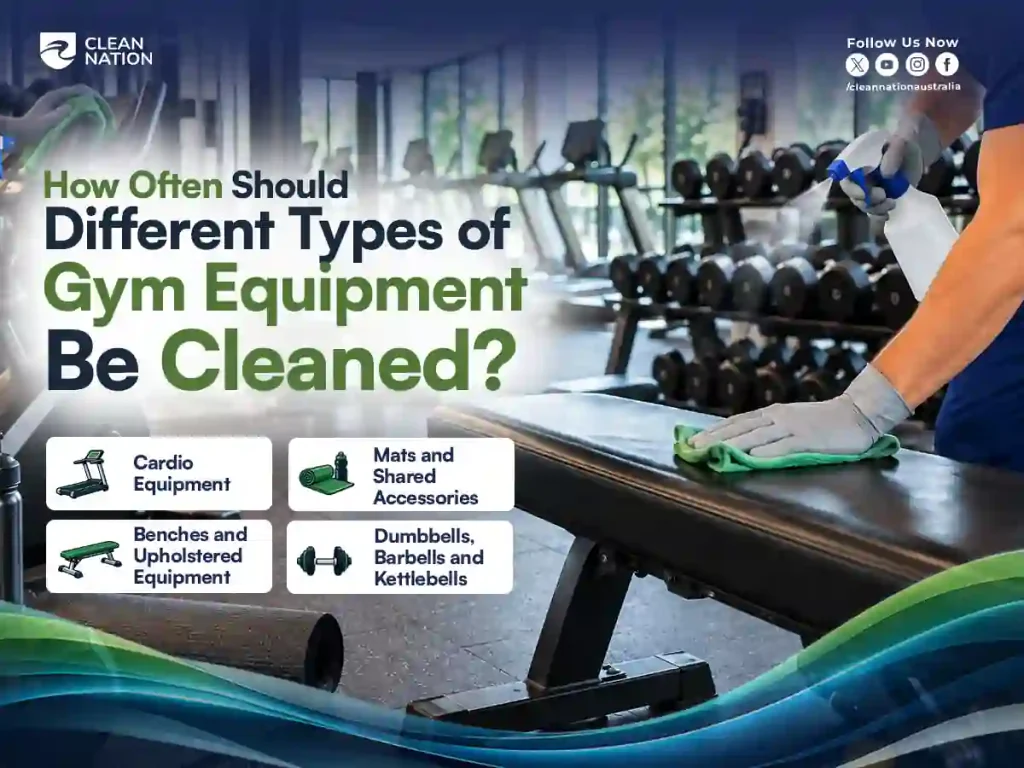 Gym cleaning schedule for cardio machines, mats, benches and free weights being wiped down by a Clean Nation cleaner
