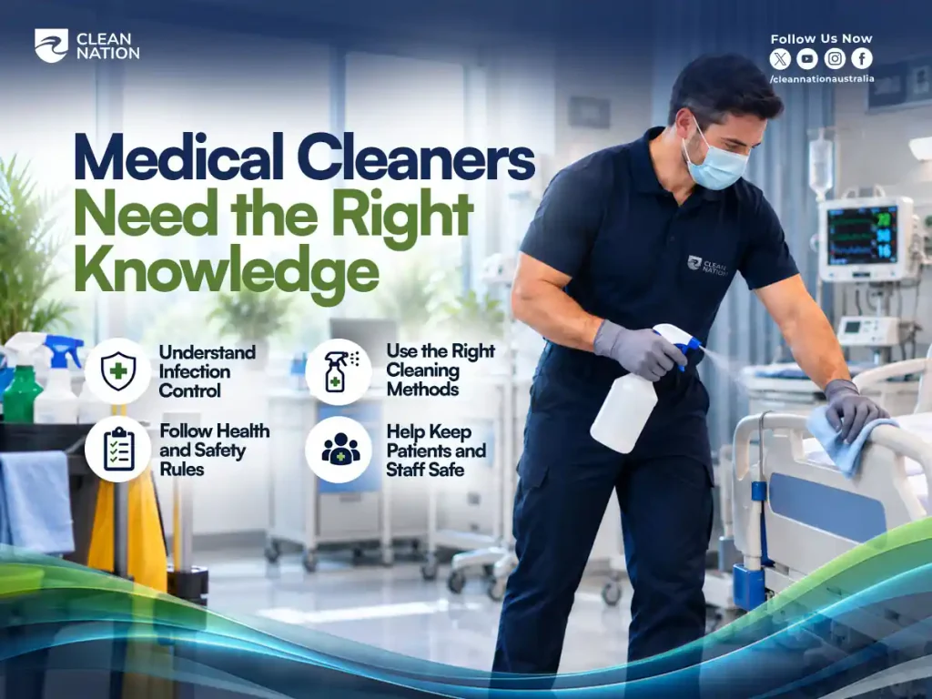 Clean Nation medical cleaner disinfecting a hospital bed using proper infection control, cleaning methods and health and safety practices.