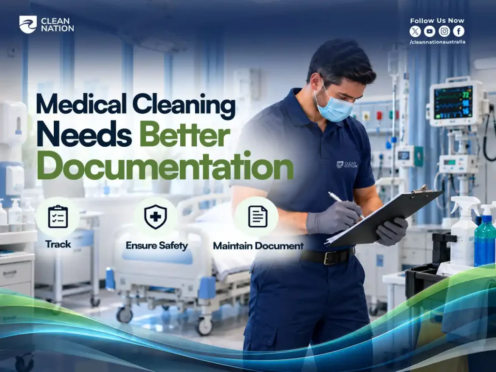 Clean Nation medical cleaner completing cleaning documentation in a hospital to track tasks, support safety and maintain accurate records.
