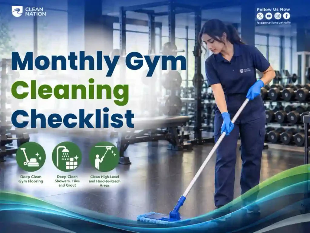 Clean Nation cleaner mopping a gym floor as part of the monthly gym cleaning checklist, including showers, grout and high-level areas