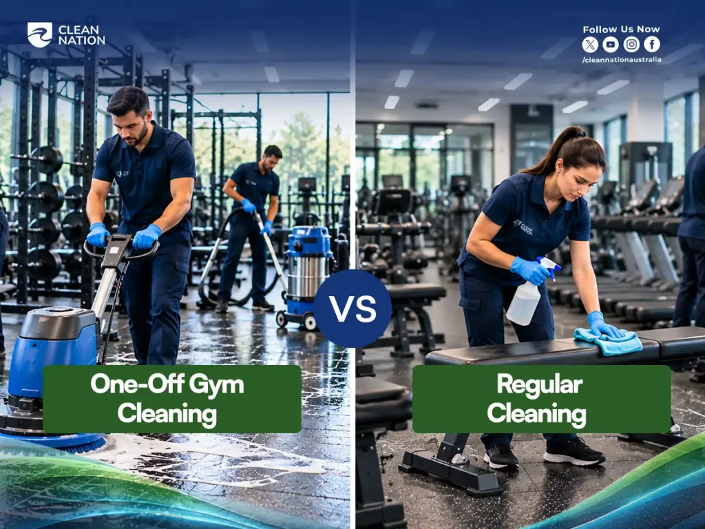 One-off gym cleaning with a floor scrubber and vacuum compared with regular gym cleaning using a spray bottle and cloth