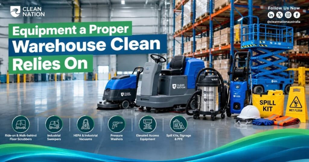 Industrial warehouse cleaning equipment including floor scrubbers, vacuums, pressure washers and elevated access gear