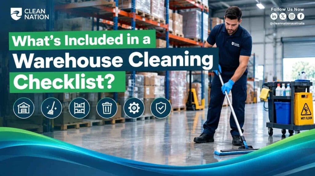 Clean Nation technician using a ride-on industrial scrubber in a warehouse aisle for professional warehouse cleaning