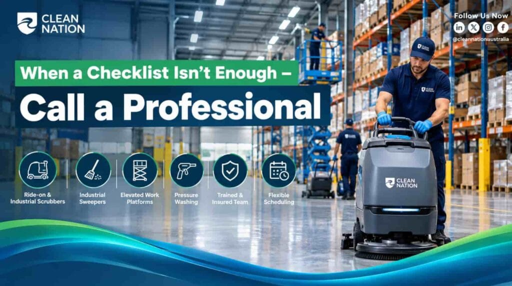 Clean Nation cleaner mopping a warehouse floor as part of a warehouse cleaning checklist routine