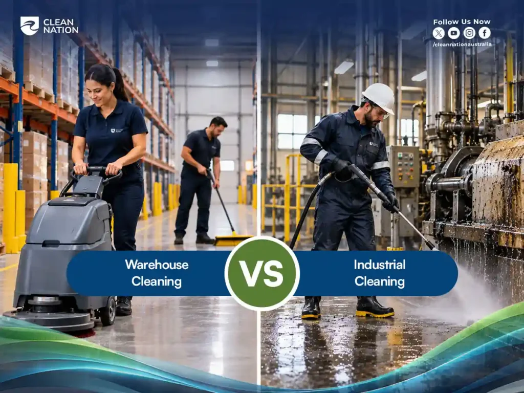 Warehouse cleaning versus industrial cleaning: floor scrubbing between racking compared with pressure washing oily machinery