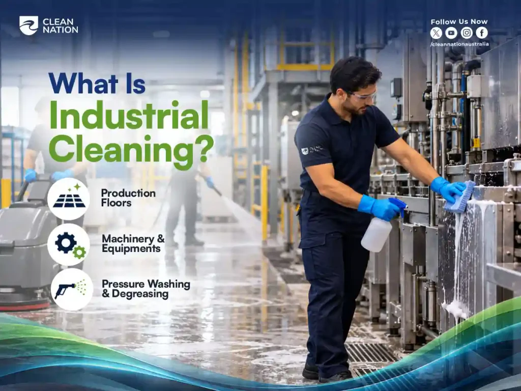 Industrial cleaning worker degreasing production machinery while a scrubber and pressure washer clean the factory floor