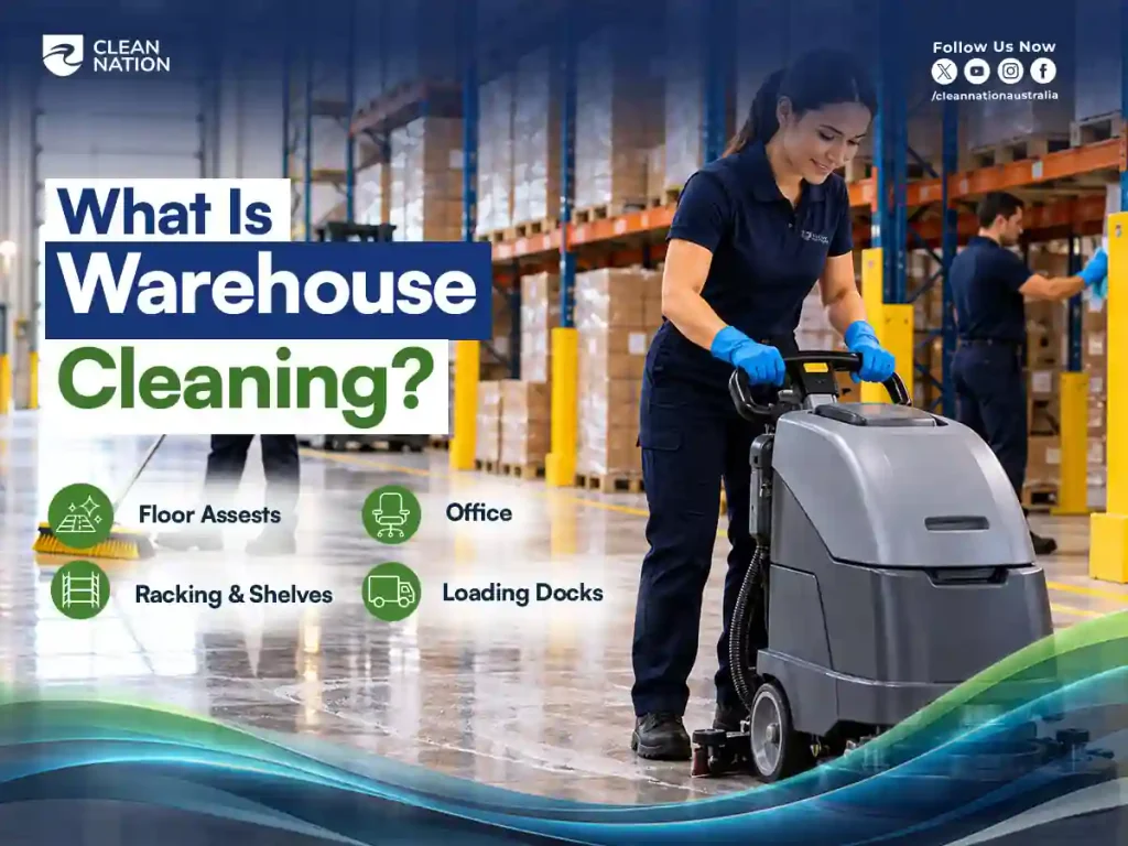 Warehouse cleaner using a walk-behind floor scrubber between pallet racking, covering floors, shelves, offices and loading docks