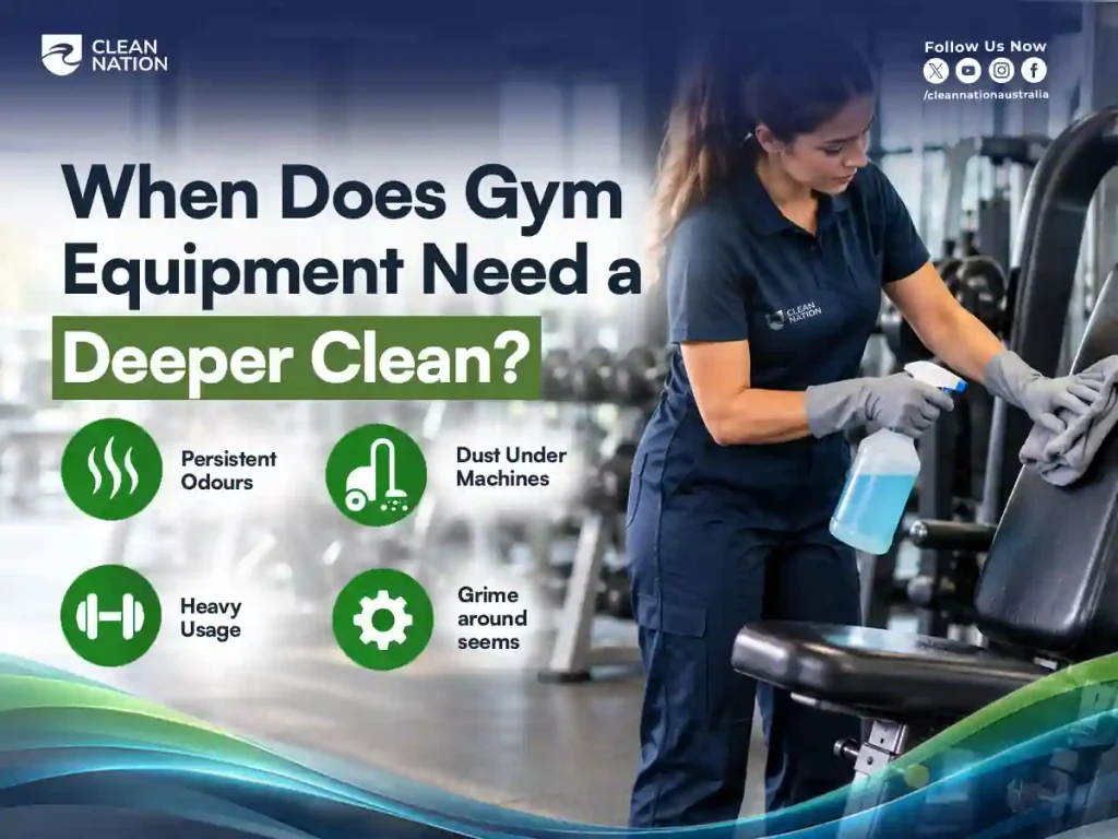 Gym cleaner disinfecting equipment upholstery, with signs a deeper clean is needed: odours, dust build-up, heavy use and grime