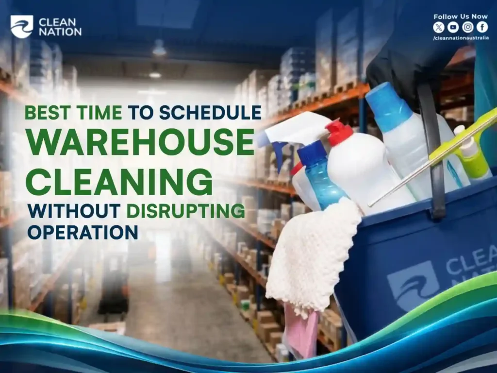 Alt: Clean Nation cleaning bucket with spray bottles and cloths in a warehouse aisle, showing the best time to schedule warehouse cleaning