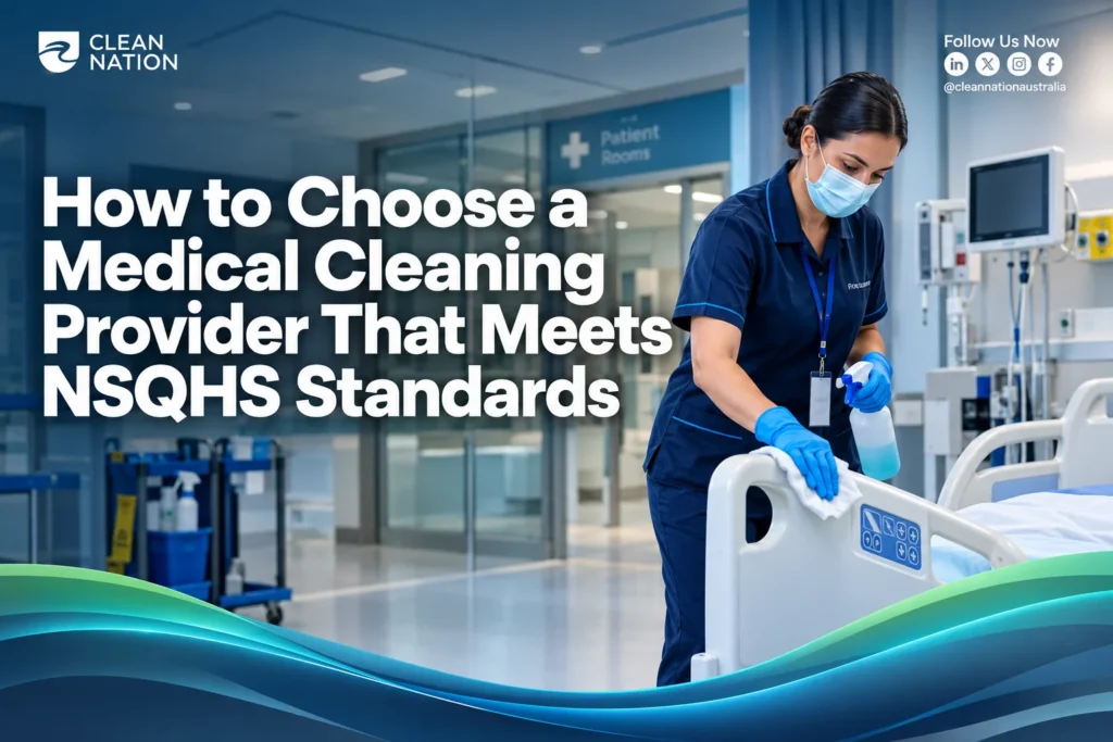 Cleaner in mask and gloves wiping a hospital bed rail, showing what to expect from a medical cleaning provider
