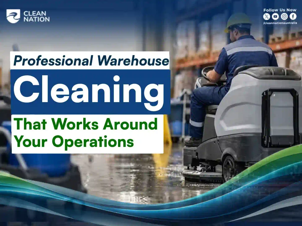 Alt: Professional warehouse cleaner operating a ride-on floor scrubber on a wet warehouse floor around daily operations
