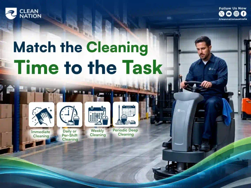 Warehouse cleaner on a ride-on scrubber with icons for immediate, per-shift, weekly and periodic deep cleaning tasks