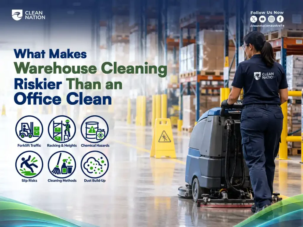 Warehouse cleaning risks including forklift traffic, racking heights, chemical hazards and slip risks compared to office cleaning