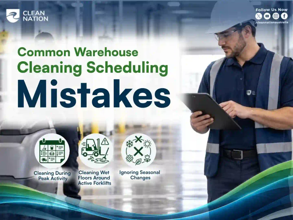 Warehouse supervisor in hi-vis checking a tablet, with common cleaning scheduling mistakes: peak activity, wet floors near forklifts, seasonal changes
