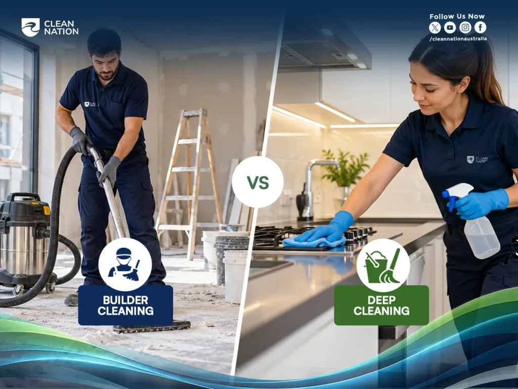 Builder cleaning versus deep cleaning: a cleaner vacuuming construction dust and another wiping a kitchen cooktop