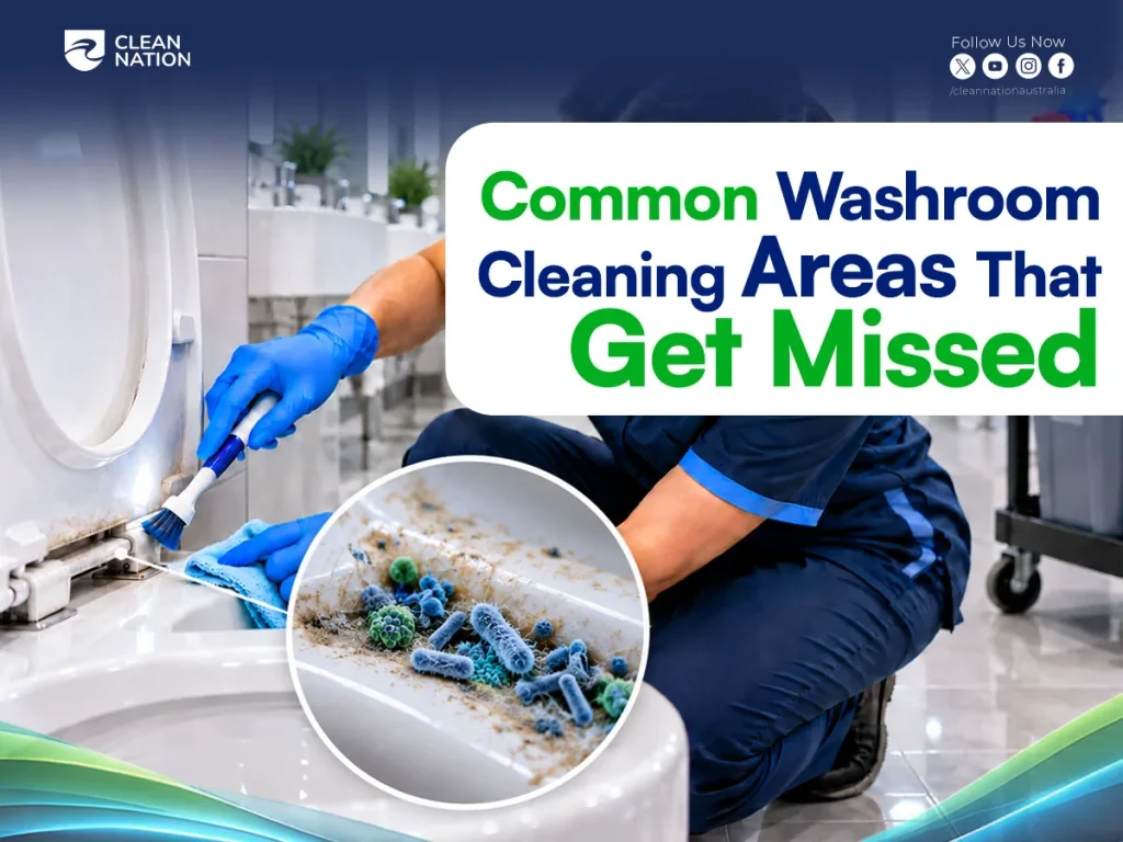 Cleaner brushing dirt from a toilet seat hinge, with a magnified view of bacteria, showing washroom cleaning areas that get missed