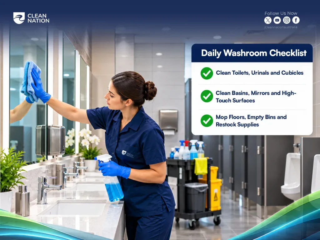 Cleaner wiping a washroom mirror with a spray bottle beside a daily washroom checklist covering toilets, basins, floors and restocking