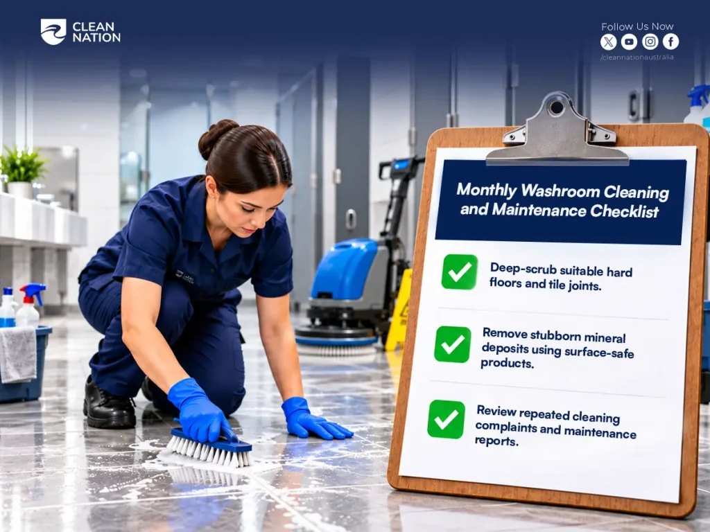 Cleaner scrubbing washroom floor tile joints with a brush beside a monthly washroom cleaning and maintenance checklist