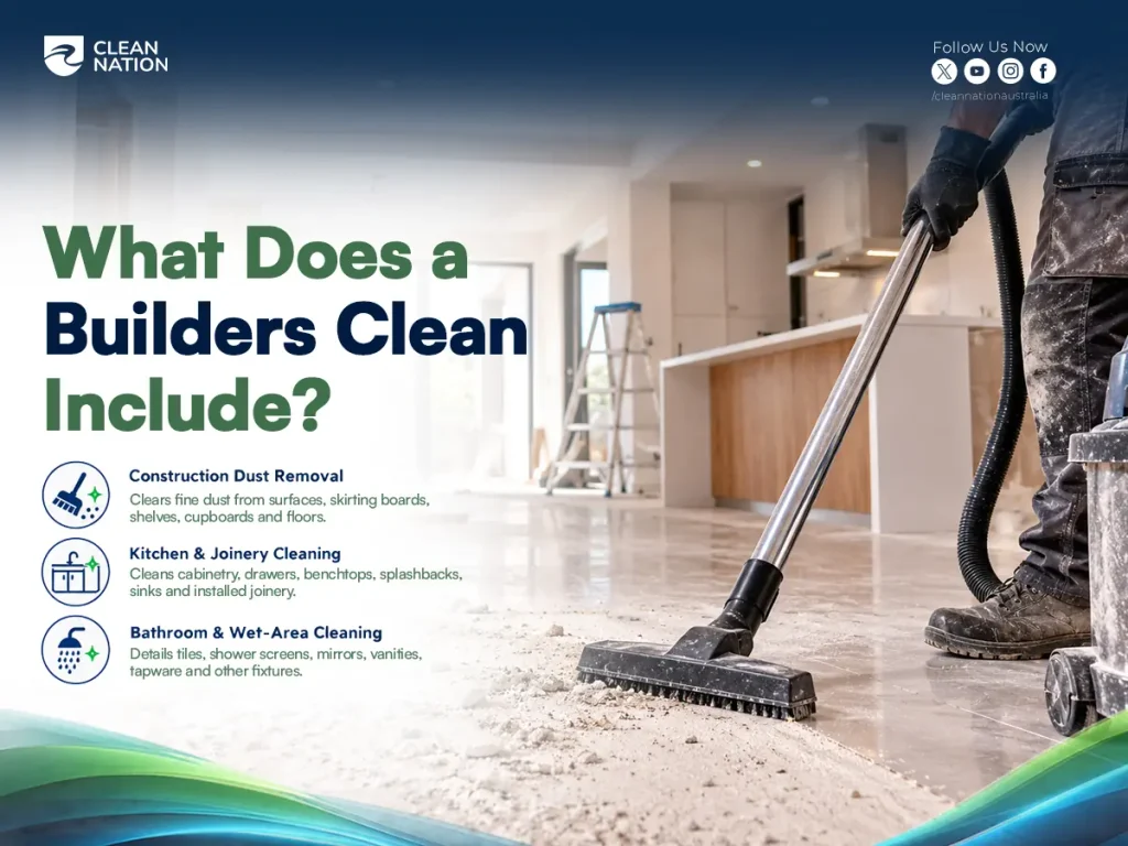 Cleaner vacuuming fine construction dust from a floor in a new home, covering dust removal, joinery and bathroom cleaning