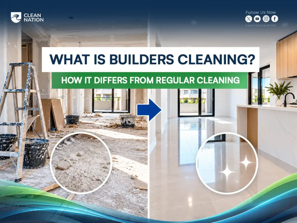 Before and after builders cleaning: a dusty renovation site on the left and a spotless polished new home on the right