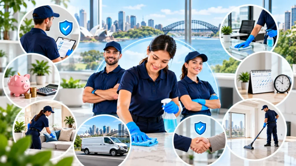 Clean Nation cleaning team in Sydney with the Opera House and Harbour Bridge, showing insured cleaners, flexible booking and fair prices