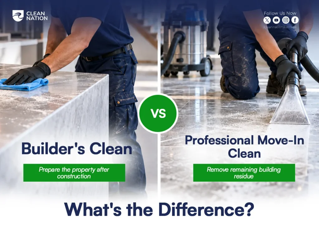 Comparison of builder's cleaning and professional move-in cleaning showing cleaners removing construction dust and residue from a new property.
