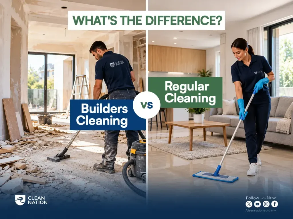 Builders cleaning of a renovation site with rubble compared with regular cleaning of a finished living area