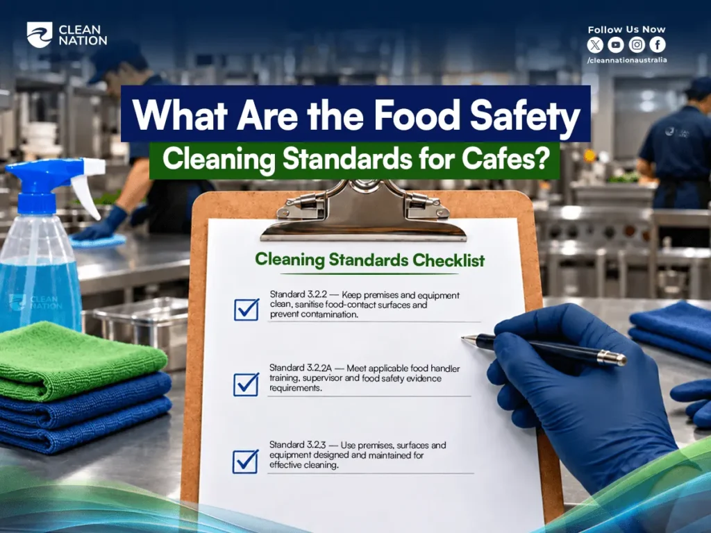 Gloved hand ticking a cafe cleaning standards checklist on a clipboard in a commercial kitchen, beside a spray bottle and microfibre cloths